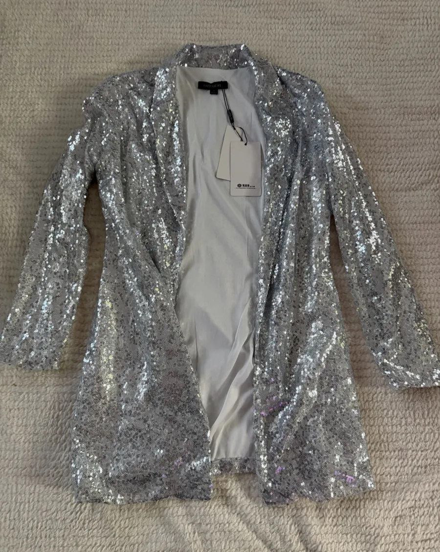 HAODUOYI Silver Sequin Blazer Jacket