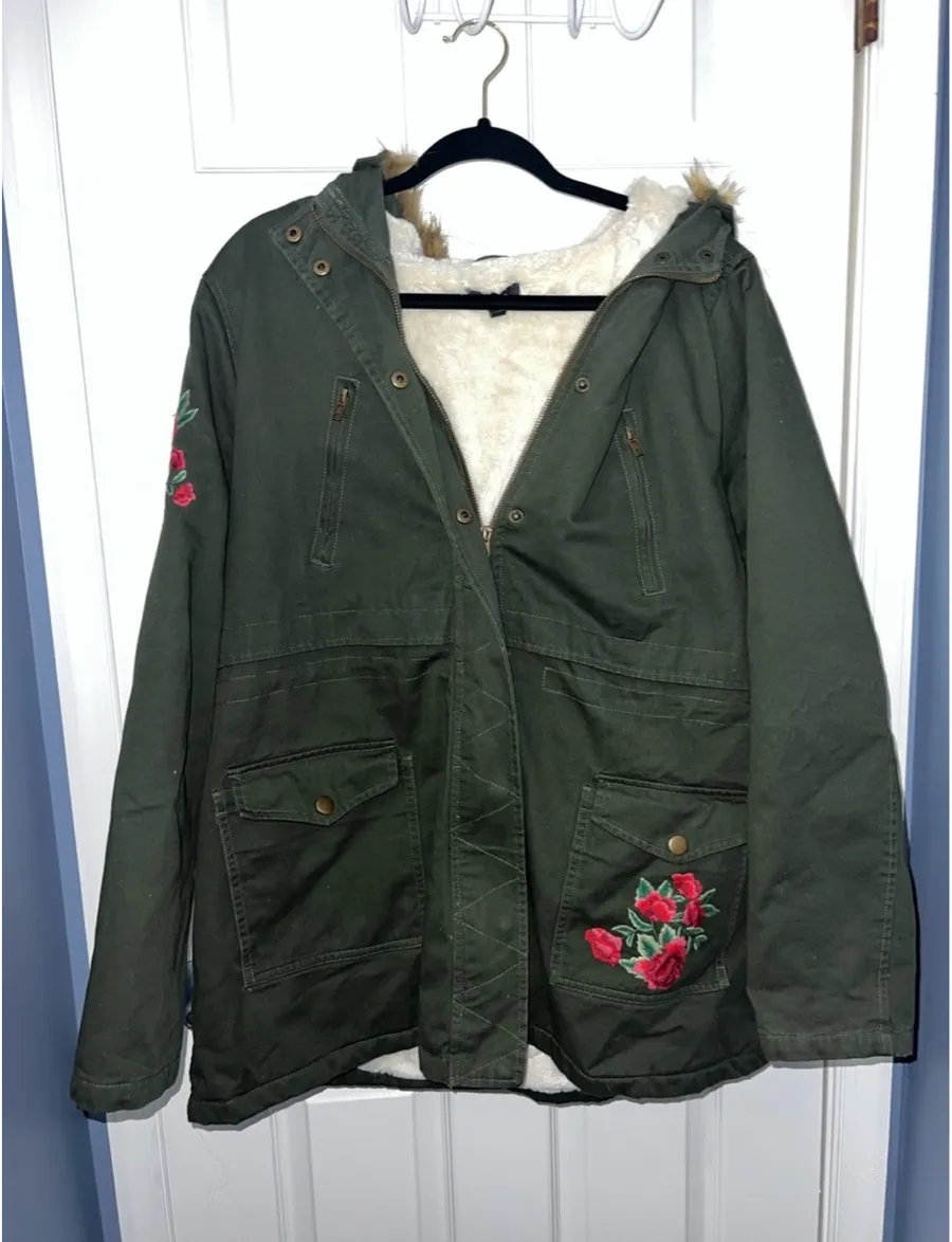 Torrid Faux-Fur Lined Olive Green Parka Jacket with Rose Embroidery