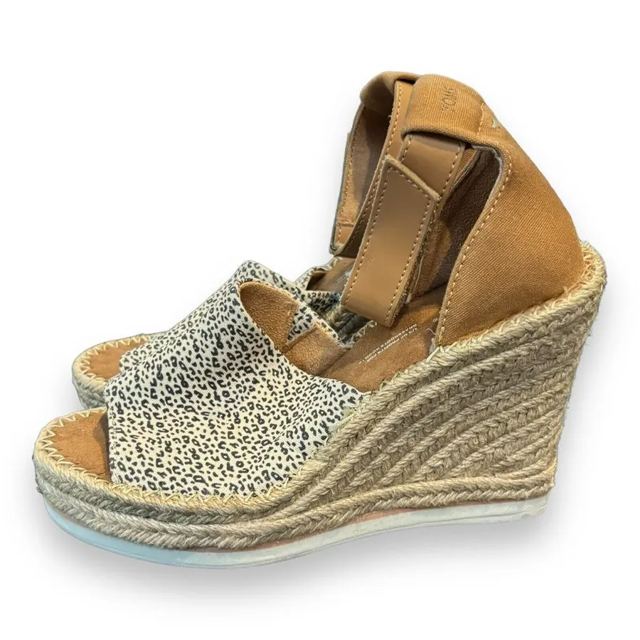 TOMS Mini Leopard Print MARISOL Ankle Strap Heeled Espadrilles SZ 9