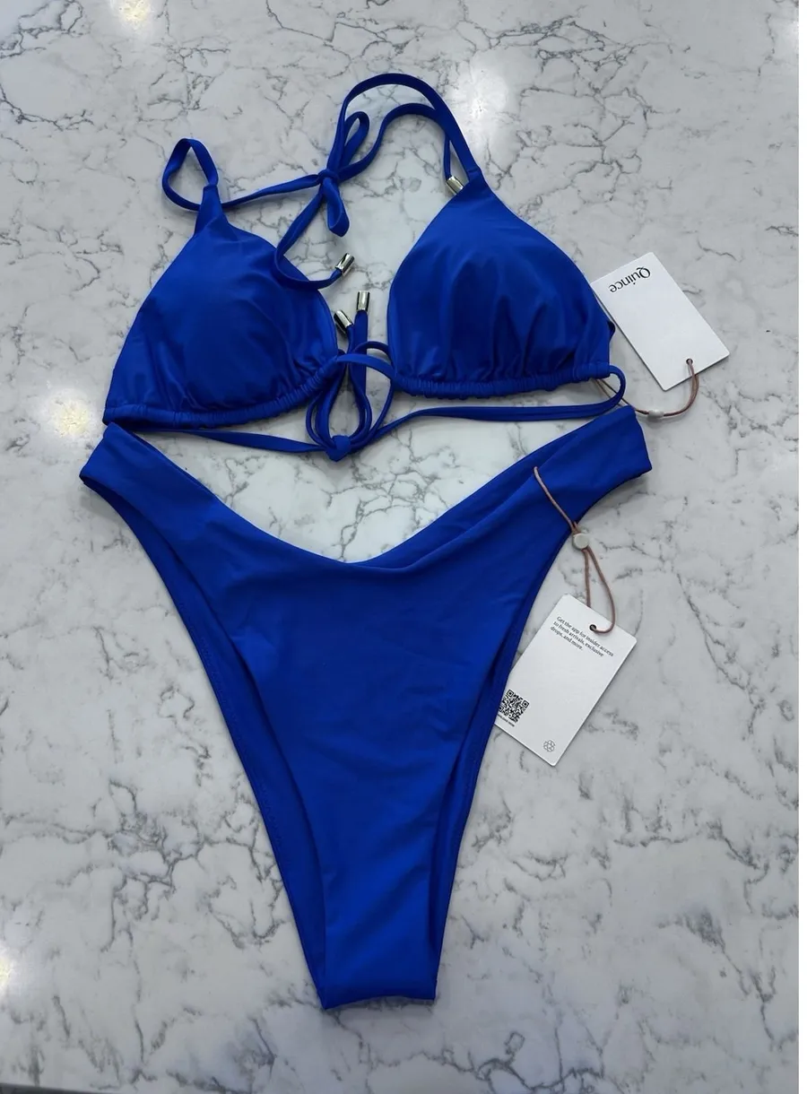 NWT Quince Electric Blue Italian Triangle Bikini Top Dipped Bikini Bottom Large