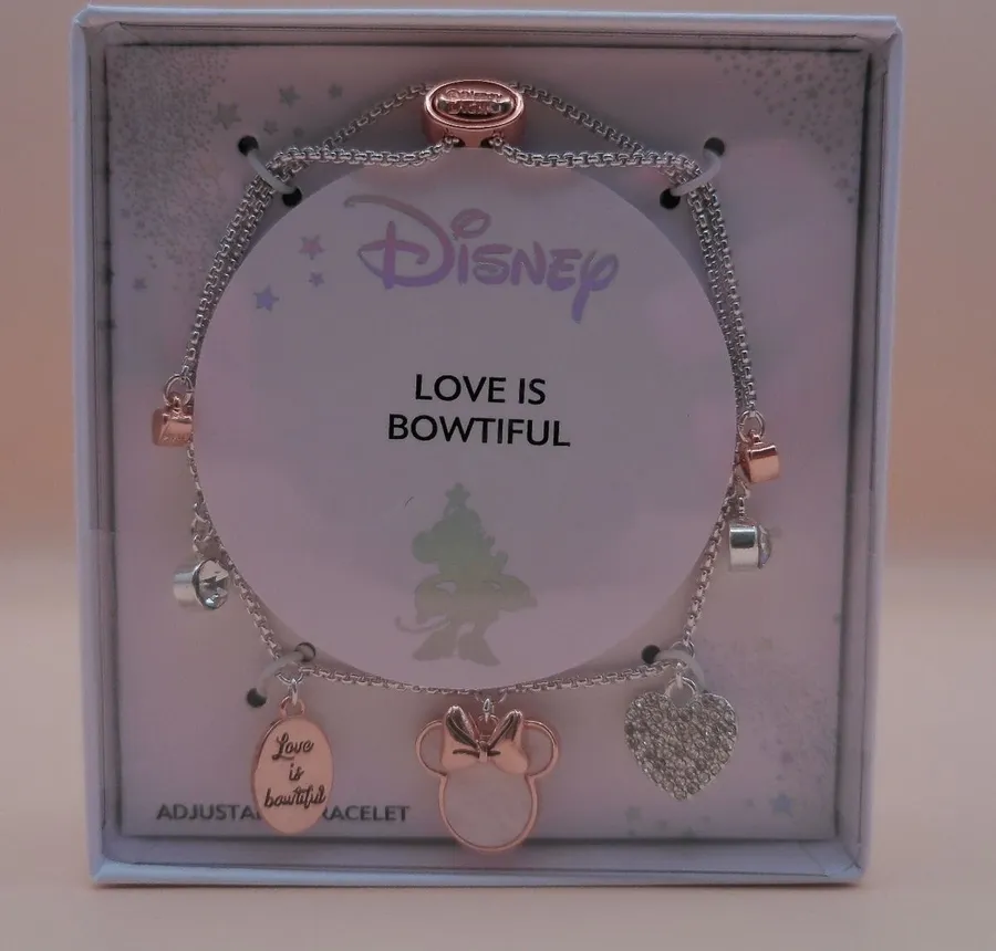 Disney Womens Minnie Mouse Love Is Bowtiful Rose Silver Bolo Charm Bracelet NIB