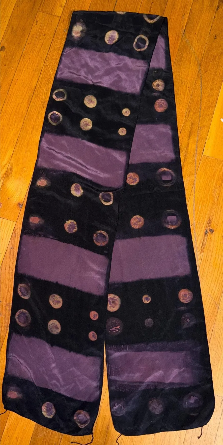 Vintage Silk Scarf Long Black Purple Abstract Polka Dot Wrap 6 Ft Fashion Scarf