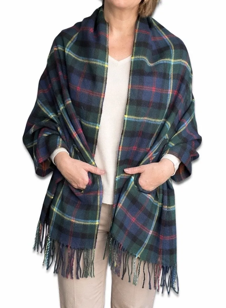J.Crew Plaid Shawl Wrap Green Blue Tartan Fringe Scarf Pockets Preppy Classic