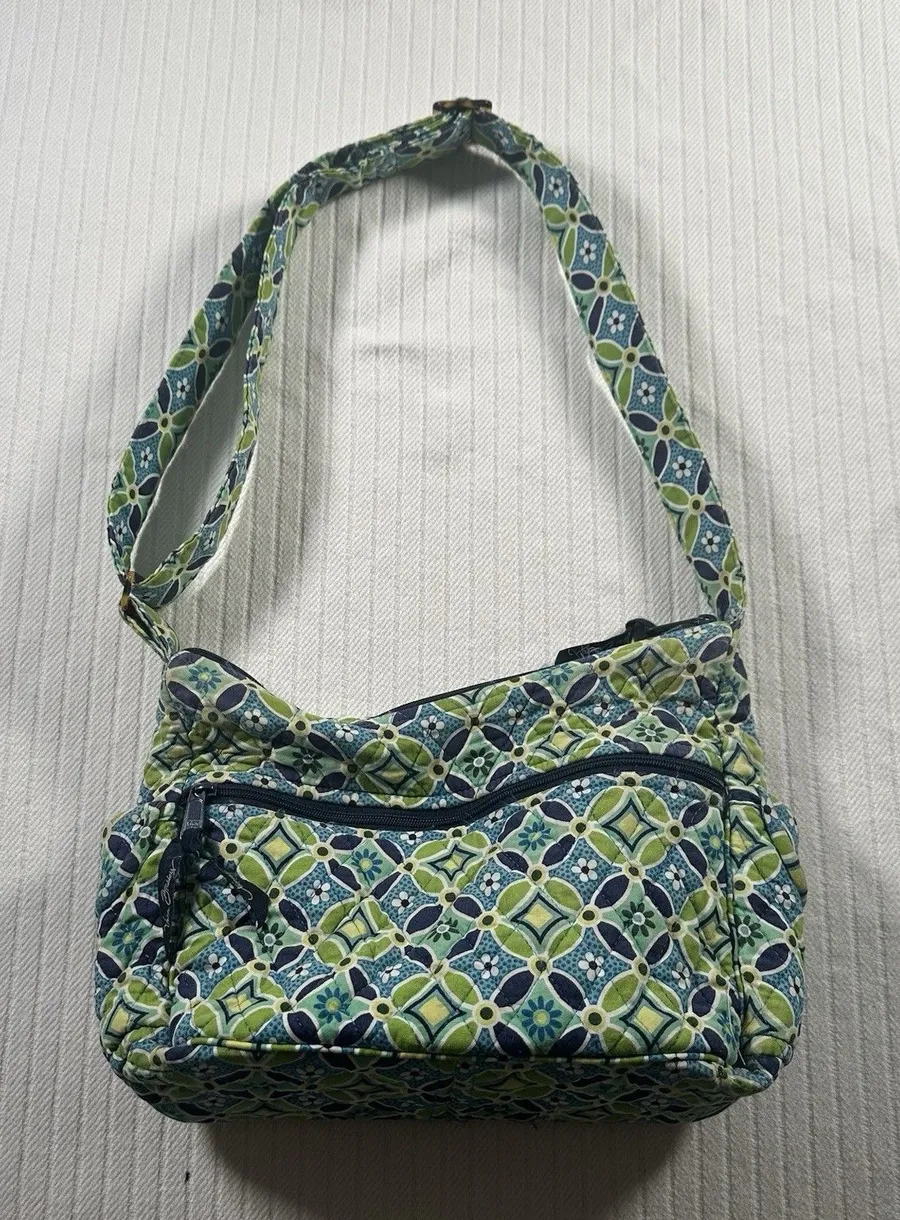 Vera Bradley Blue Green Geometric Quilted Shoulder Bag Purse Cotton