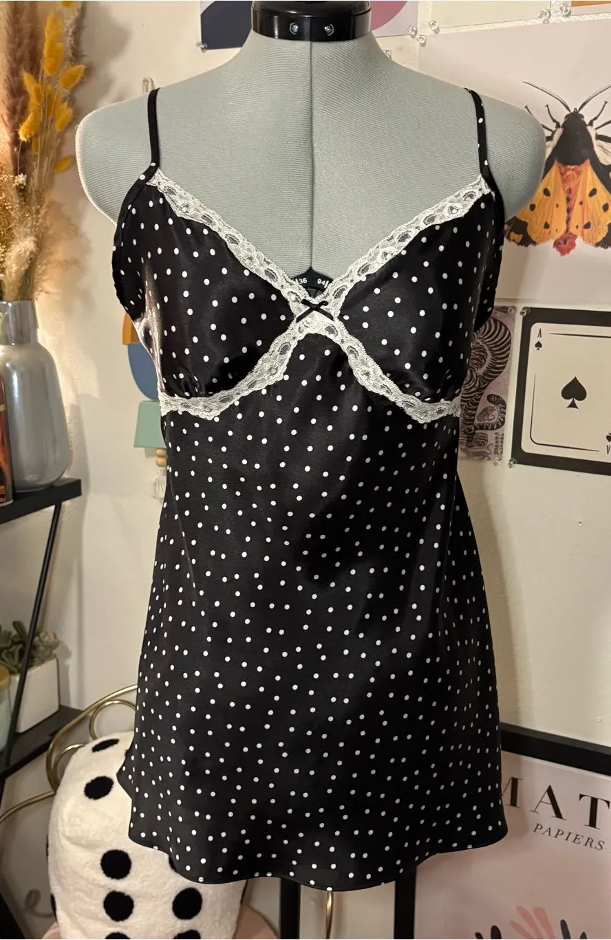 Ambrielle Black Polka Dot Satin Chemise with White Lace Size M