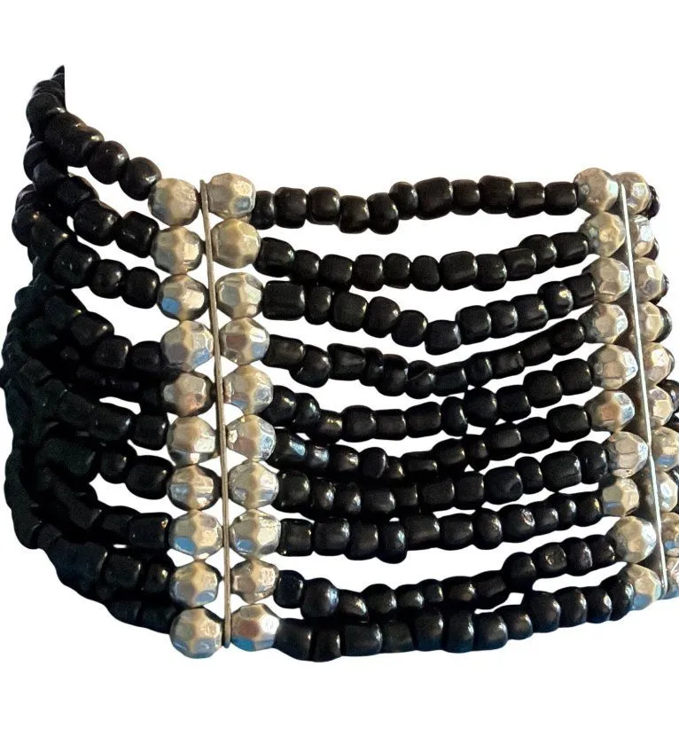 Black Silver Multi Strand Beaded Stretch Bracelet 2" Wide Statement Bold