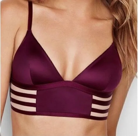 Victoria's Secret Strappy Mesh Long Line Plunge Satin Maroon Bralette Size M