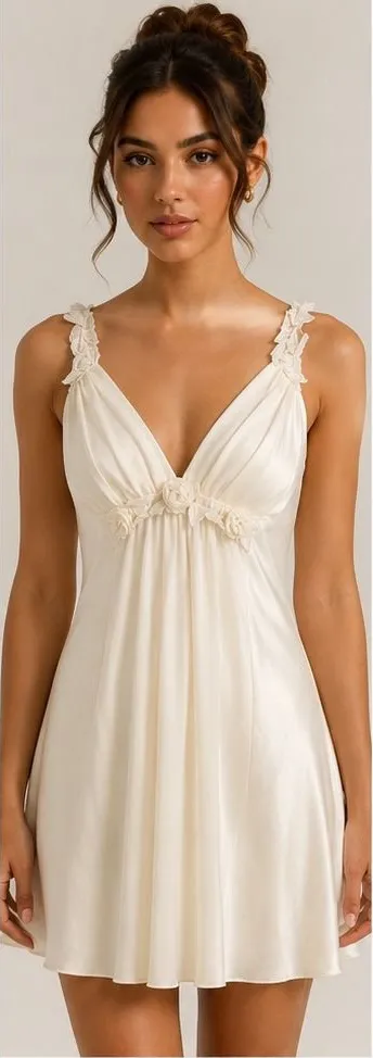 Flora Nikrooz Slip Dress Womens Small Ivory Satin Floral Strap Chemise