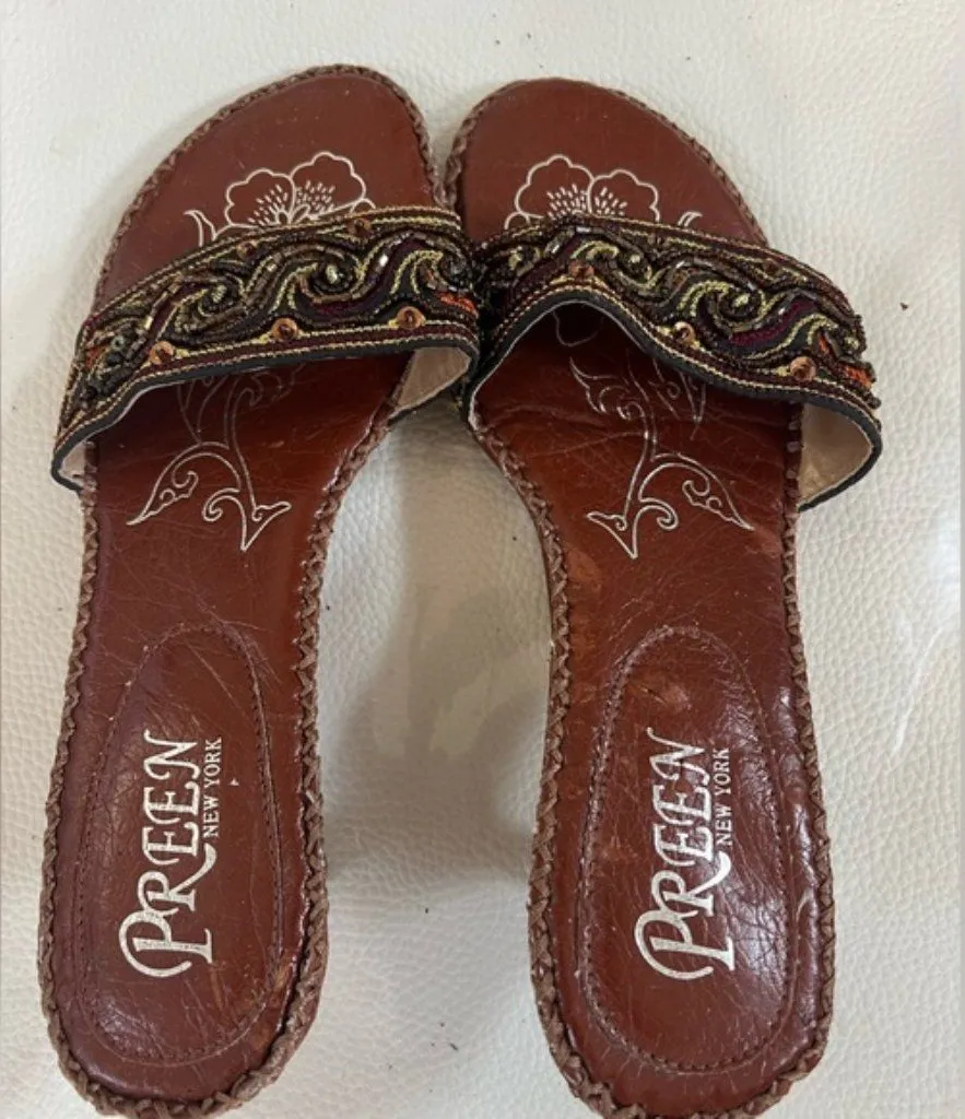 🔥PREEN NEW YORK Mules Kitten Heel Sequin Beaded Slip On Sandals Size 37 US 7 Tan