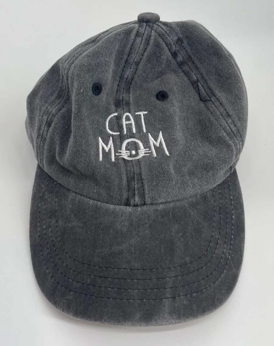 Cat Mom Embroidered Baseball Cap Washed Black Cotton Adjustable Dad Hat
