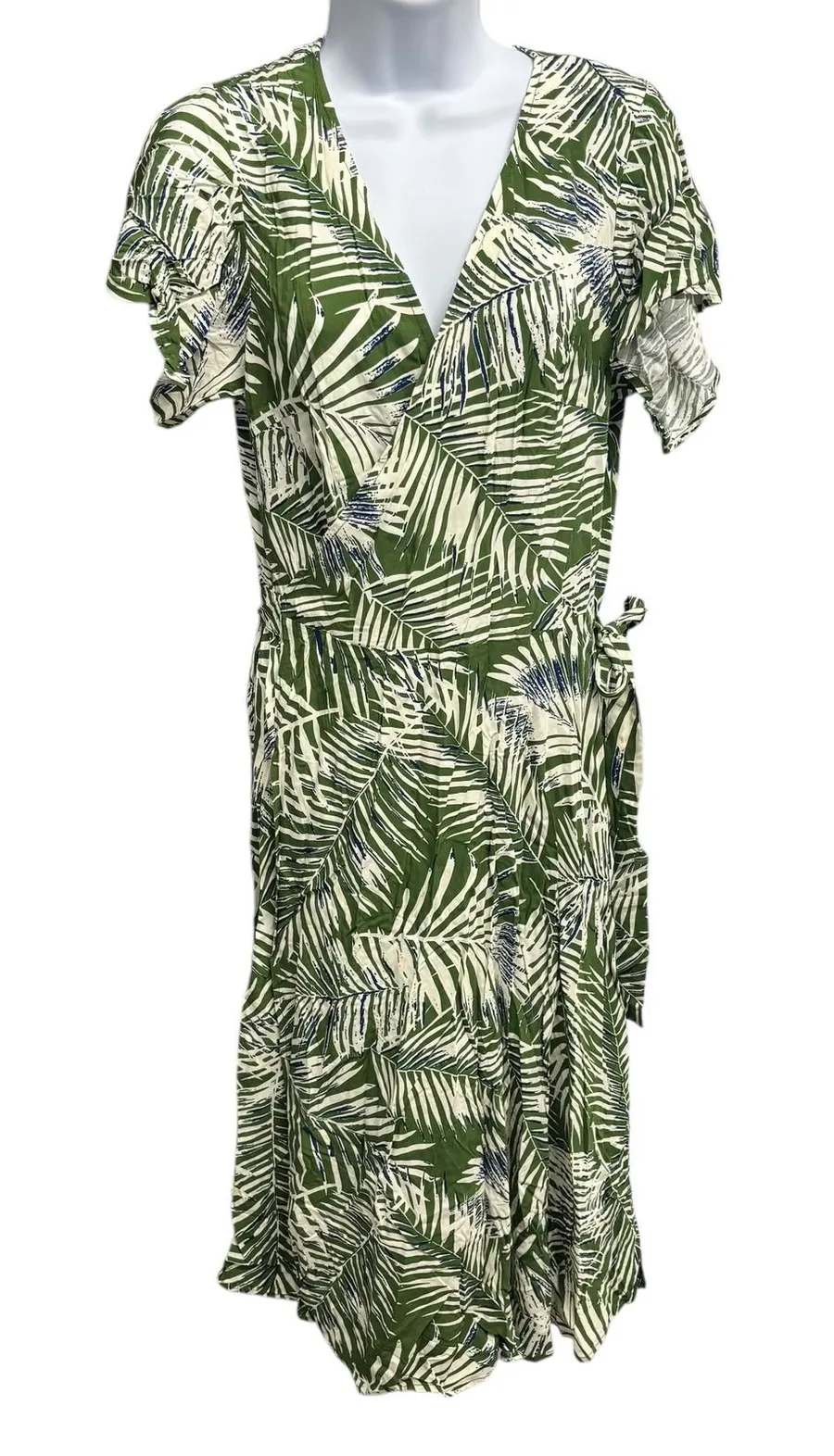 CUPSHE Wrap Dress Tropical Palm Leaf Print Green White Short Sleeve Midi Beach