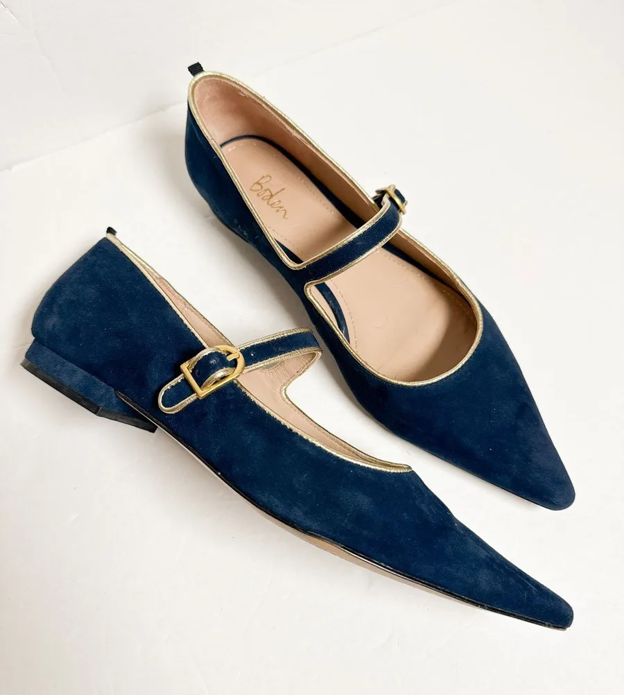 Boden Navy Suede Pointed Toe Mary Jane Flats Gold Trim EU 38 Blue Size 7
