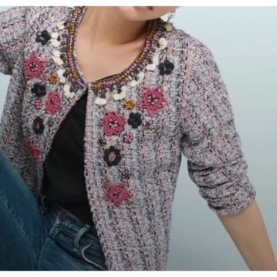 ANTHROPOLOGIE Summer of Love Suzy Embroidered Tweed Blazer Sz Small