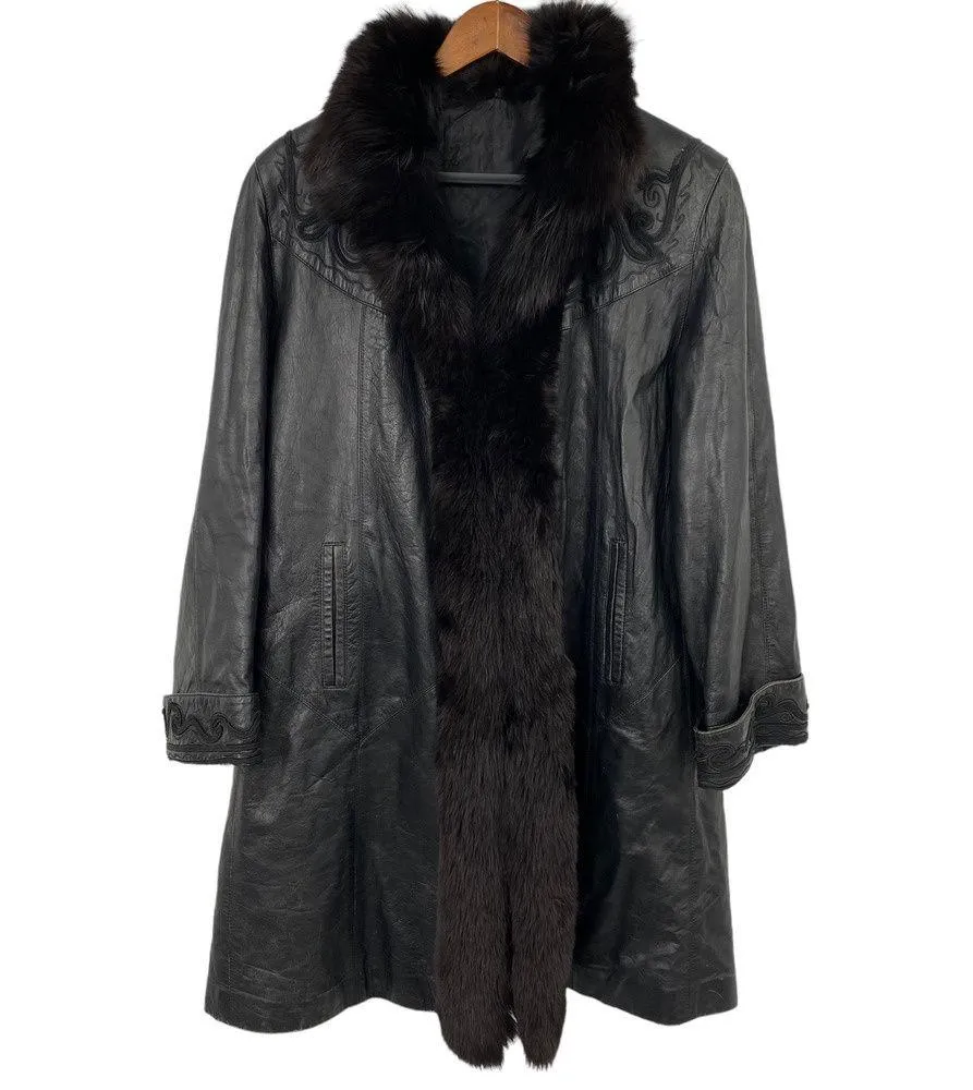 Vintage Leather Penny Lane Style Long Coat Black Real Fur Trim Womens Small