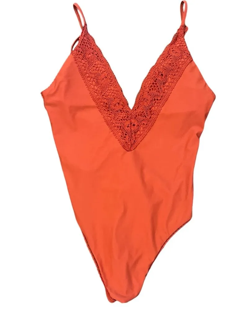 Aerie Crochet Lace Trim V Neck Back High Cut One Piece Swimsuit Rust Orange M
