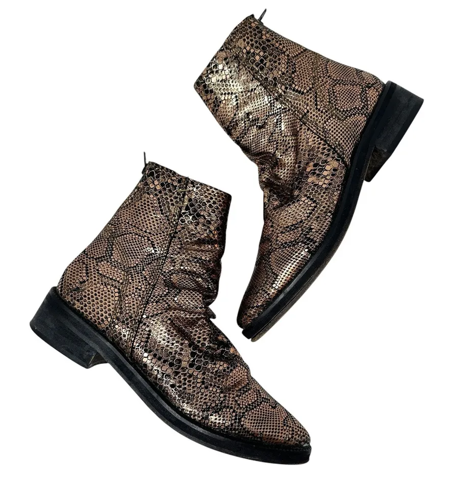 Free People Amarone Ankle Boot Metallic Copper Snakeskin Print Size 38 US 7.5