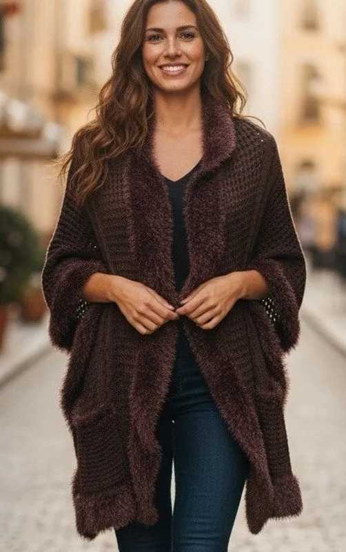 Scarf Shawl Wrap w/ Faux Fur Edging and Pockets Brown Knit CTF Choose the Future