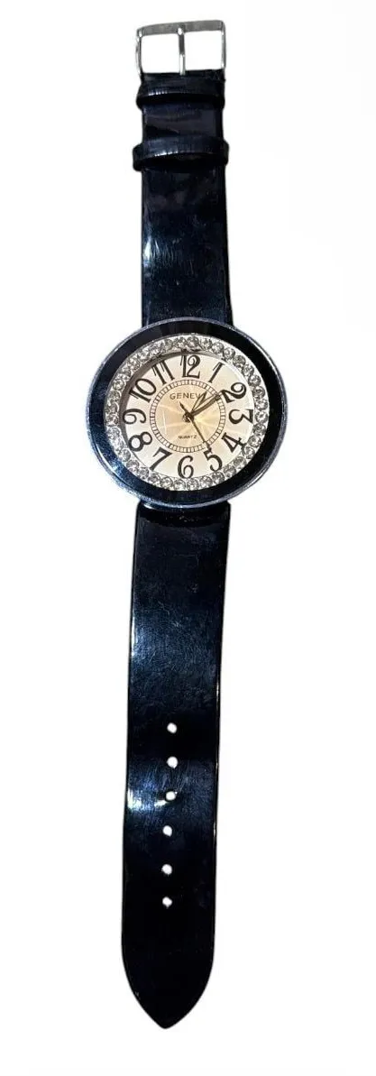 Geneva Women's Rhinestone Bezel Large Arabic Numeral Black Leather Strap Quartz