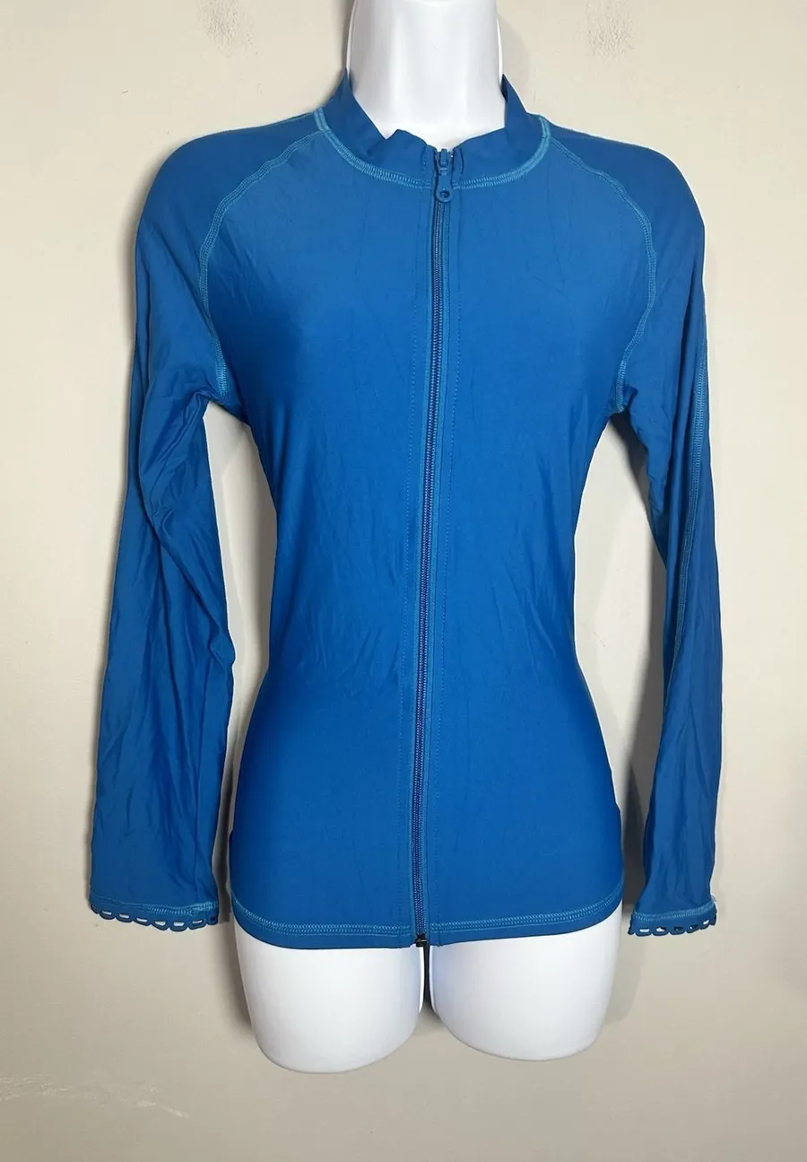 Helen Jon Scalloped Full Zip Rash Guard Royal Blue Size Large NWOT UPF 50+