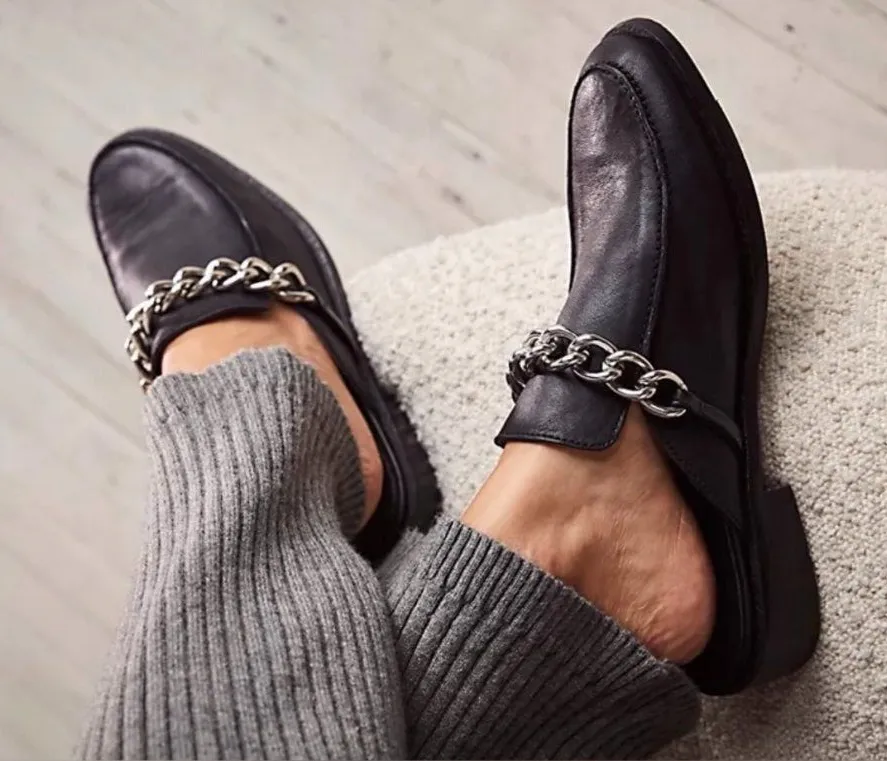 Free People Vida Leather Slip On Chain Mules Classic Chic Loafers Black EU 36