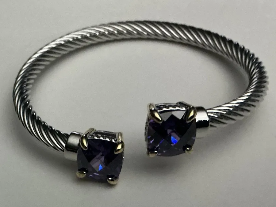 Two Tone Cable Cuff Bracelet Amethyst Cushion Cut Purple Stone