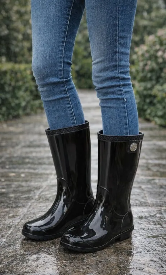UGG Black Glossy Rain Boots Size 6 Waterproof Rubber Mid Calf