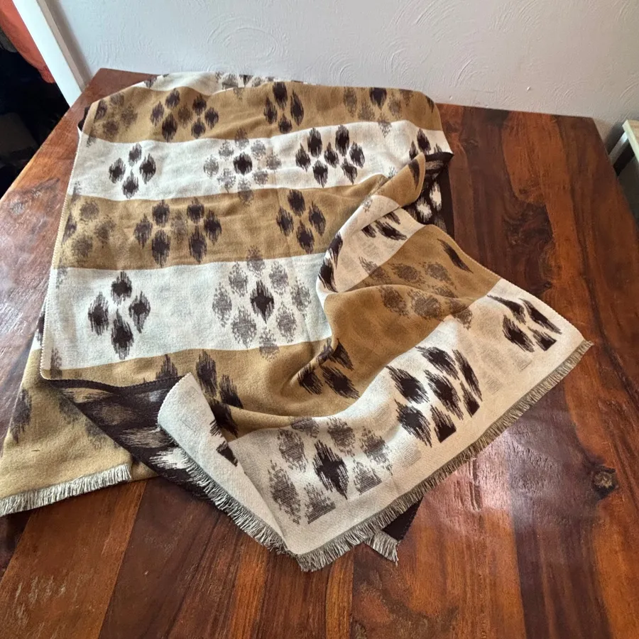 Ikat Diamond Reversible Oversized Wrap Scarf Brown Tan Fringed Shawl 63x27