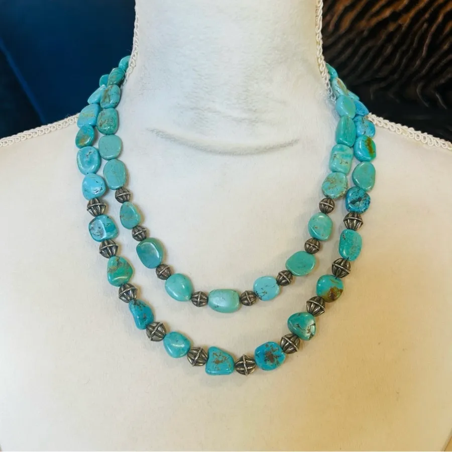 Handcrafted vintage genuine turquoise double strand necklace