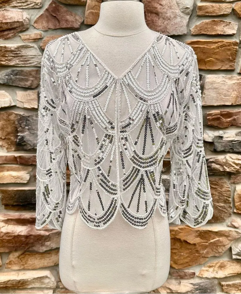 Vintage White and Silver Sequin Capelet