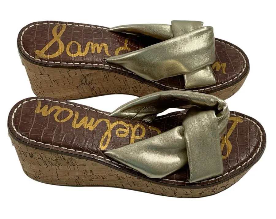 Sam Edelman Ramsey Wedge Sandal in Metallic Gold Size US 7.5 EU 38 Shoes