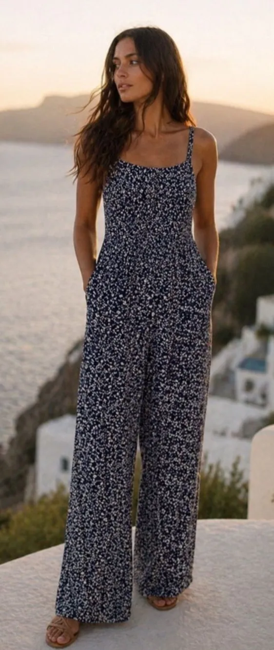 Old Navy Jumpsuit Romper Ditsy Floral Smocked Wide Leg Cottagecore Boho Vaca