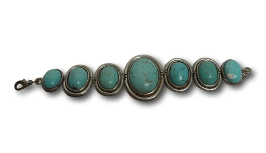Vintage Silver Tone & Faux Turquoise Toggle Bracelet 7”