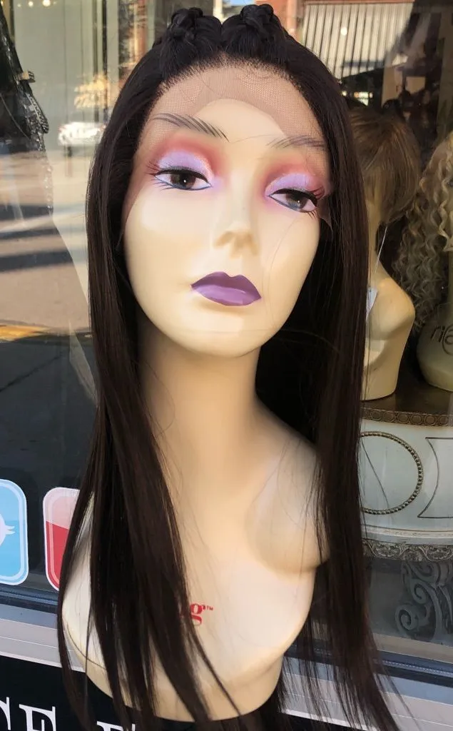 Long braid Brown highlights Lacefront Wig Freepart