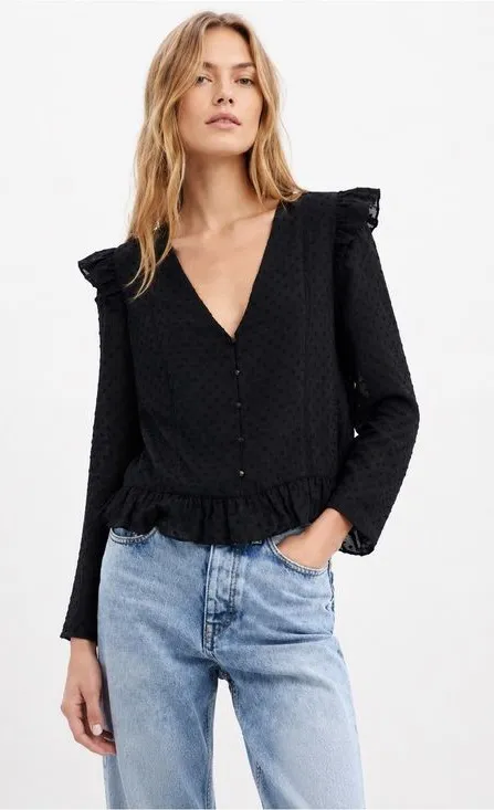 Zara Black Long Sleeve Ruffled Blouse