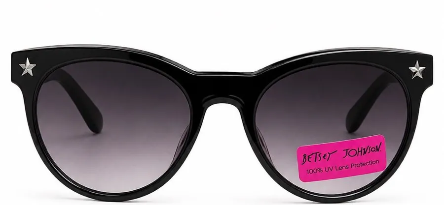 Betsey Johnson Black Cat Eye Sunglasses Silver Star Accents Gray Gradient Lenses