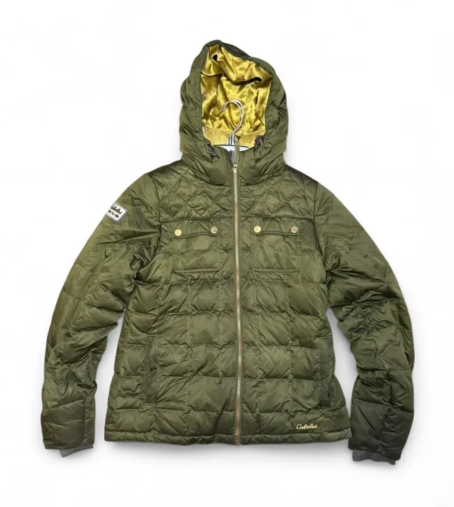 Cabela’s Goose Down Puffer Jacket Women’s Large Green Hooded Winter Coat