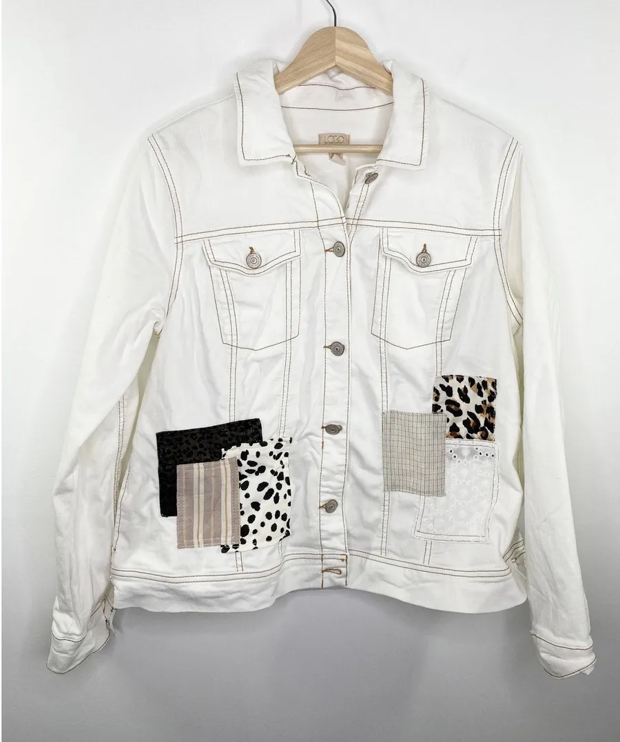 LOGO Lori Goldstein White Denim Patchwork Button Front Jacket Women's Size 10