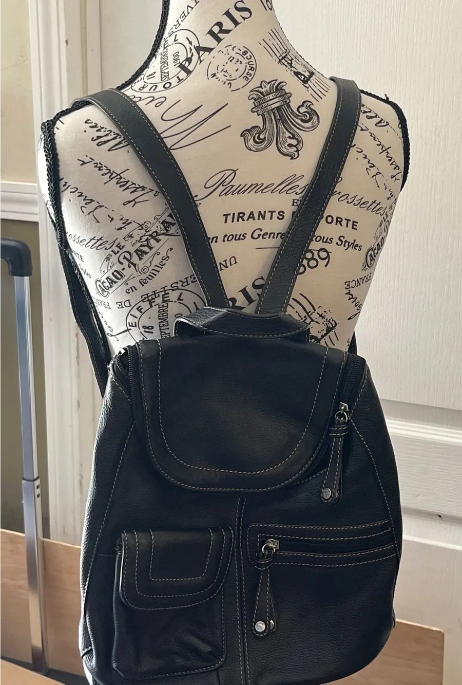 Tignanello Black Pebbled Leather Mini Backpack Multi Pocket Contrast Stitch Bag