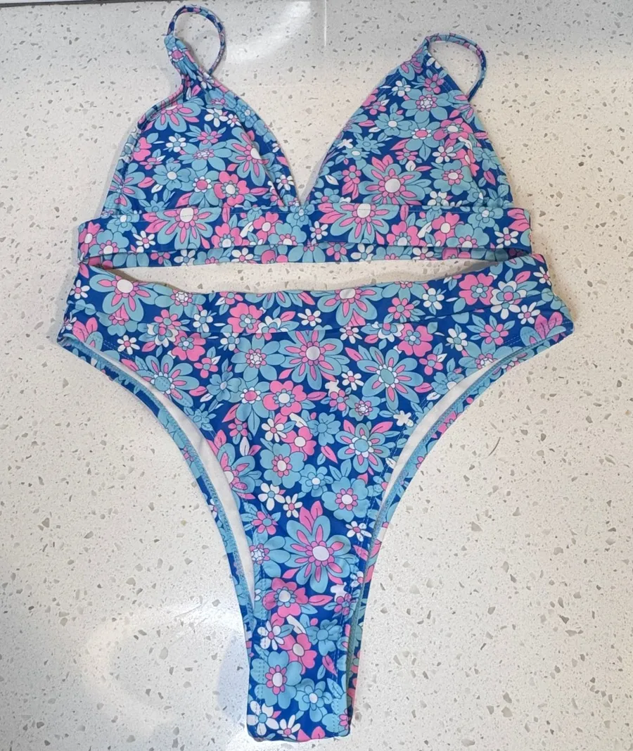 Floral Blue Pink Daisy High Cut Bikini Set Retro High Waist Size Large L
