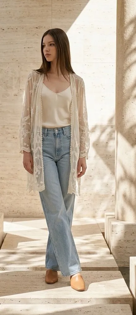 Hers & mine sheer ivory lace kimono cover-up sz small