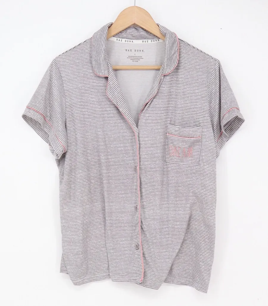 Rae Dunn Pajama Set Women's L Grey Striped Button-Down Excellent