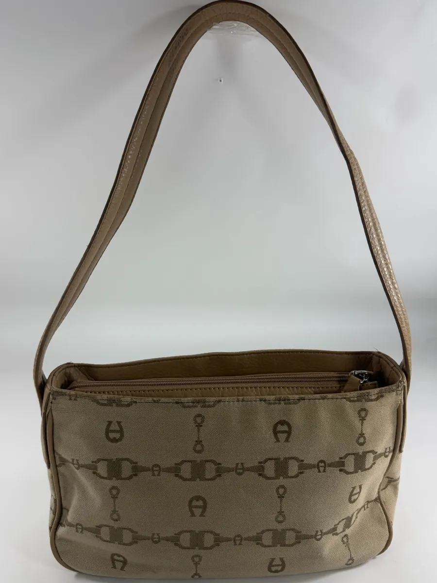 Etienne Aigner Monogram Canvas Shoulder Bag Tan Logo Y2K Baguette Purse