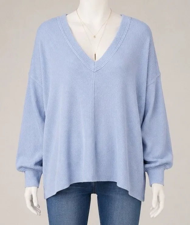 Aerie Womens Sweater Light Blue Ribbed V-Neck Oversized Side Slit XL