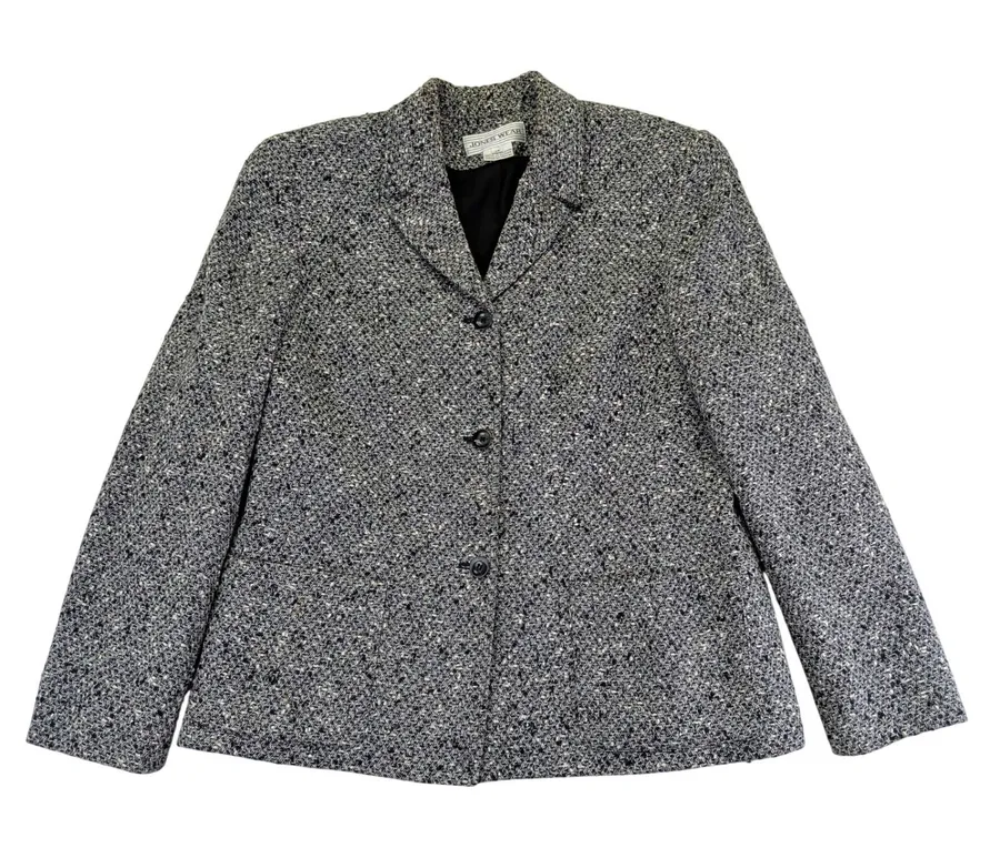 Vtg JONES WEAR Women's Blazer 14 Black White Tweed Collar Button Front Jacket