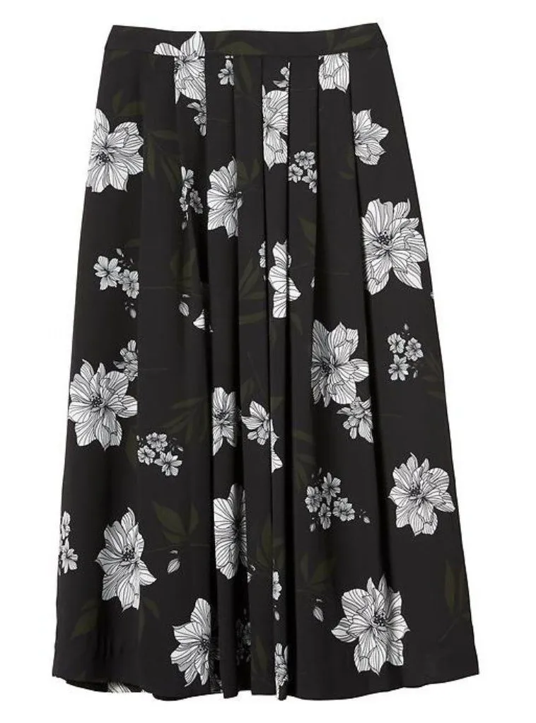 NWT Womens Size 6 Banana Republic Black Print Pleated Button-Front Midi Skirt
