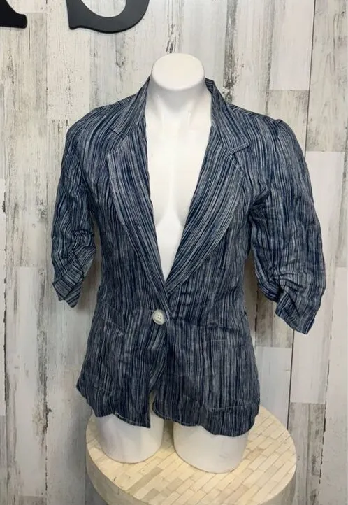 Karen Kane Blue Indigo Striped Linen Blazer Womens Size Extra Small XS Ruched 3/
