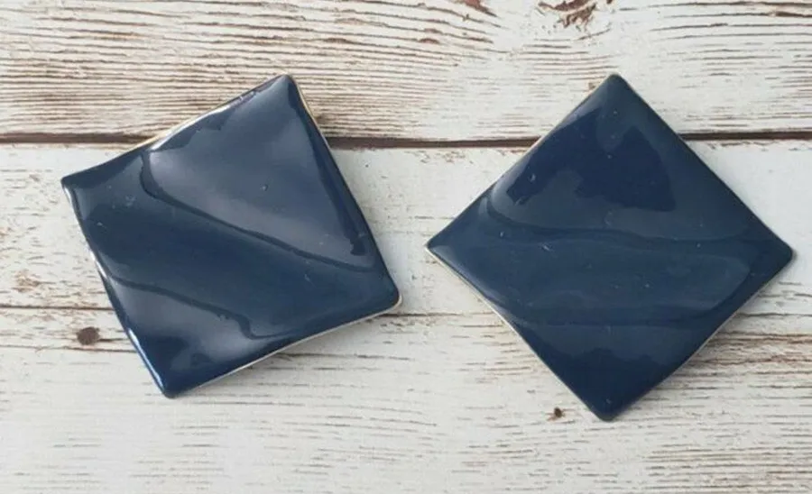 Vintage Earrings Large Wavy Square Dark Blue Earrings for Pierced Ears