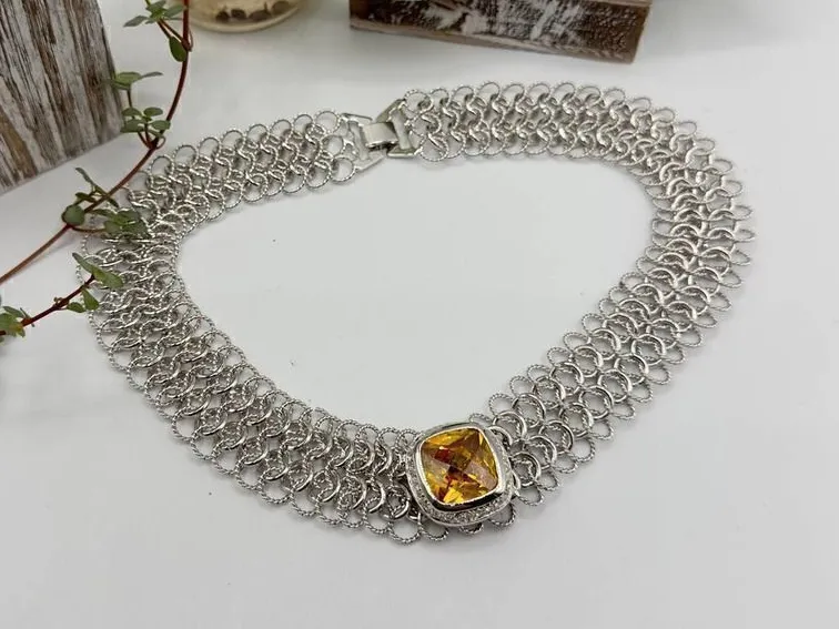 Vintage Citrine Topaz CZ Silver Choker Statement Necklace Silver
