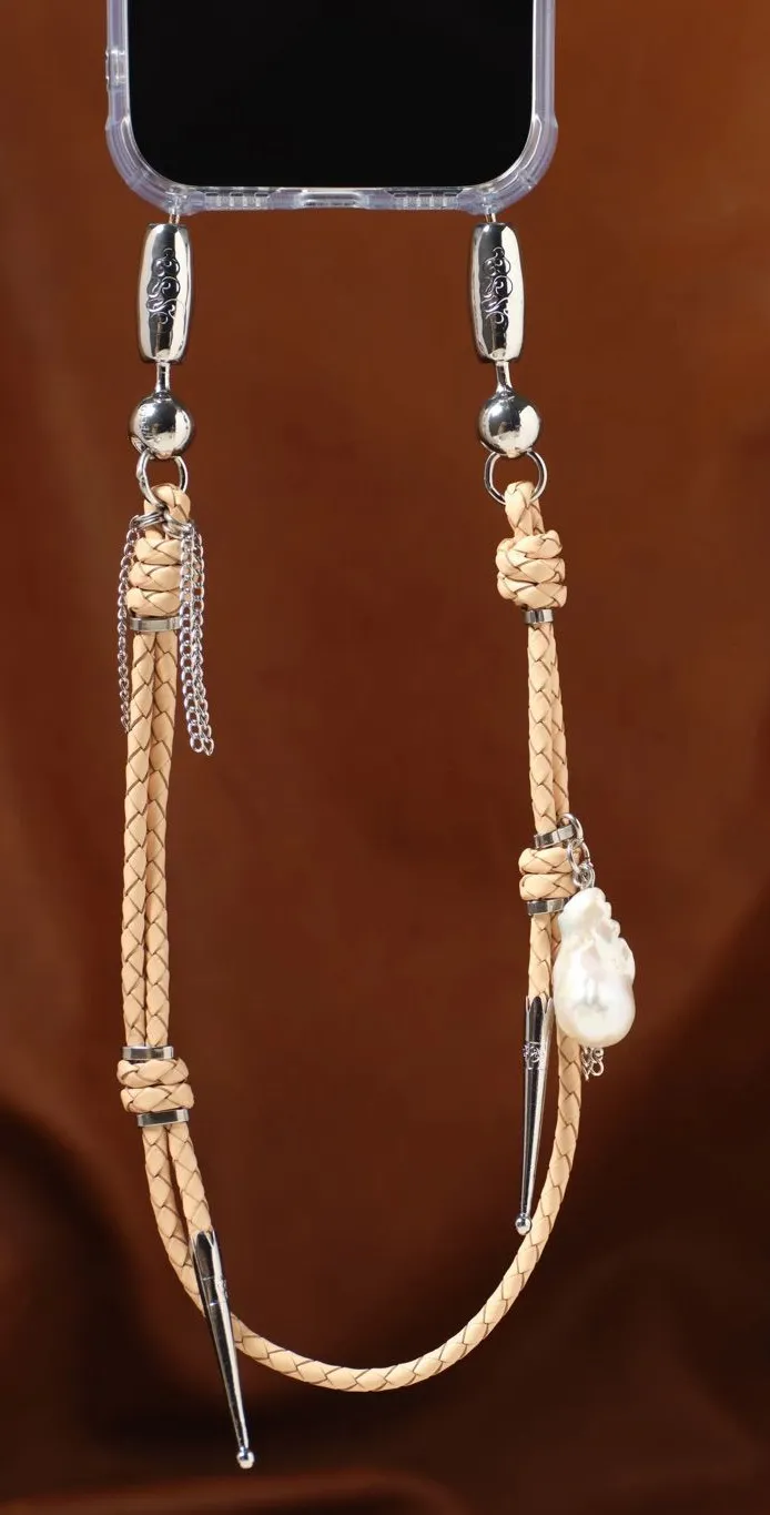 Ossa Leather and Pearl Bolo Wristlet Cord & Case Braided Leather Phone Case Tan