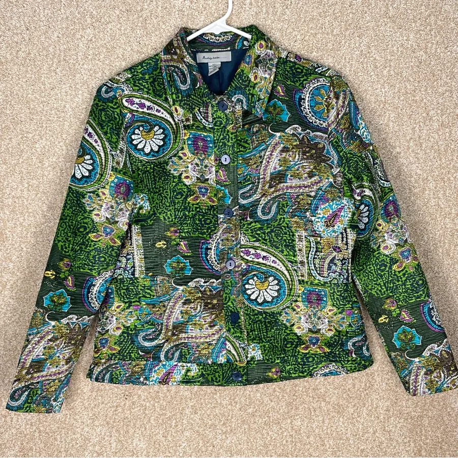 Imperfect Y2K blazer green paisley petite medium crinkly blazer spring summer Size undefined